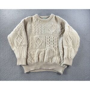VTG Aran Crafts Sweater Womens L Wool Ivory Fisherman Cable Knit Lattice Ireland